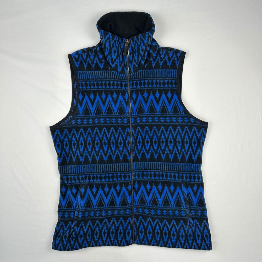 Chaps Womens Fleece Vest Large Blue Black Aztec Geometric Full Zip Mock Neck NWT
